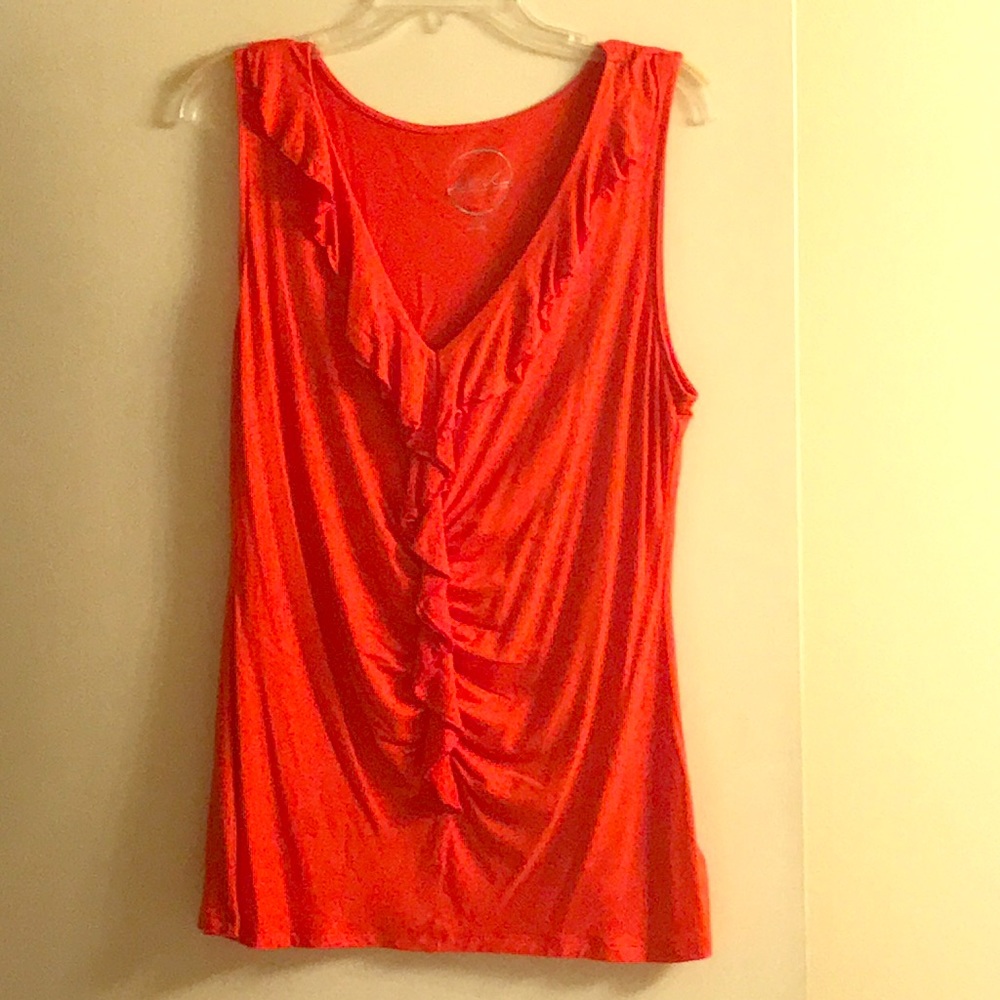 Orange V neck sleeveless top with front ruffle